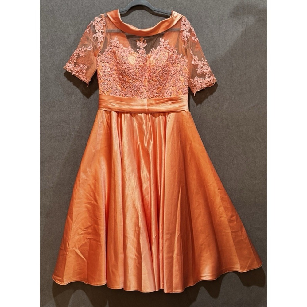 MISSACC Womens Orange Satin‎ Lace A-Line Cocktail Dress Midi V-Back Size 12